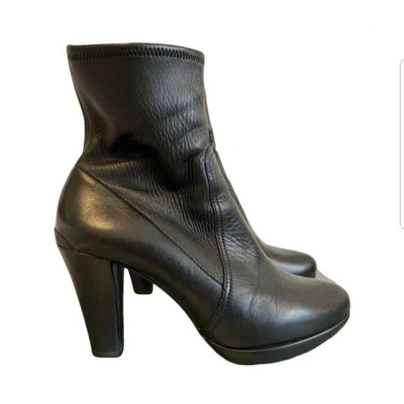 Prada Platform Booties Heel Boots Black Leather Almond Toe Womens US 10 - Picture 1 of 10